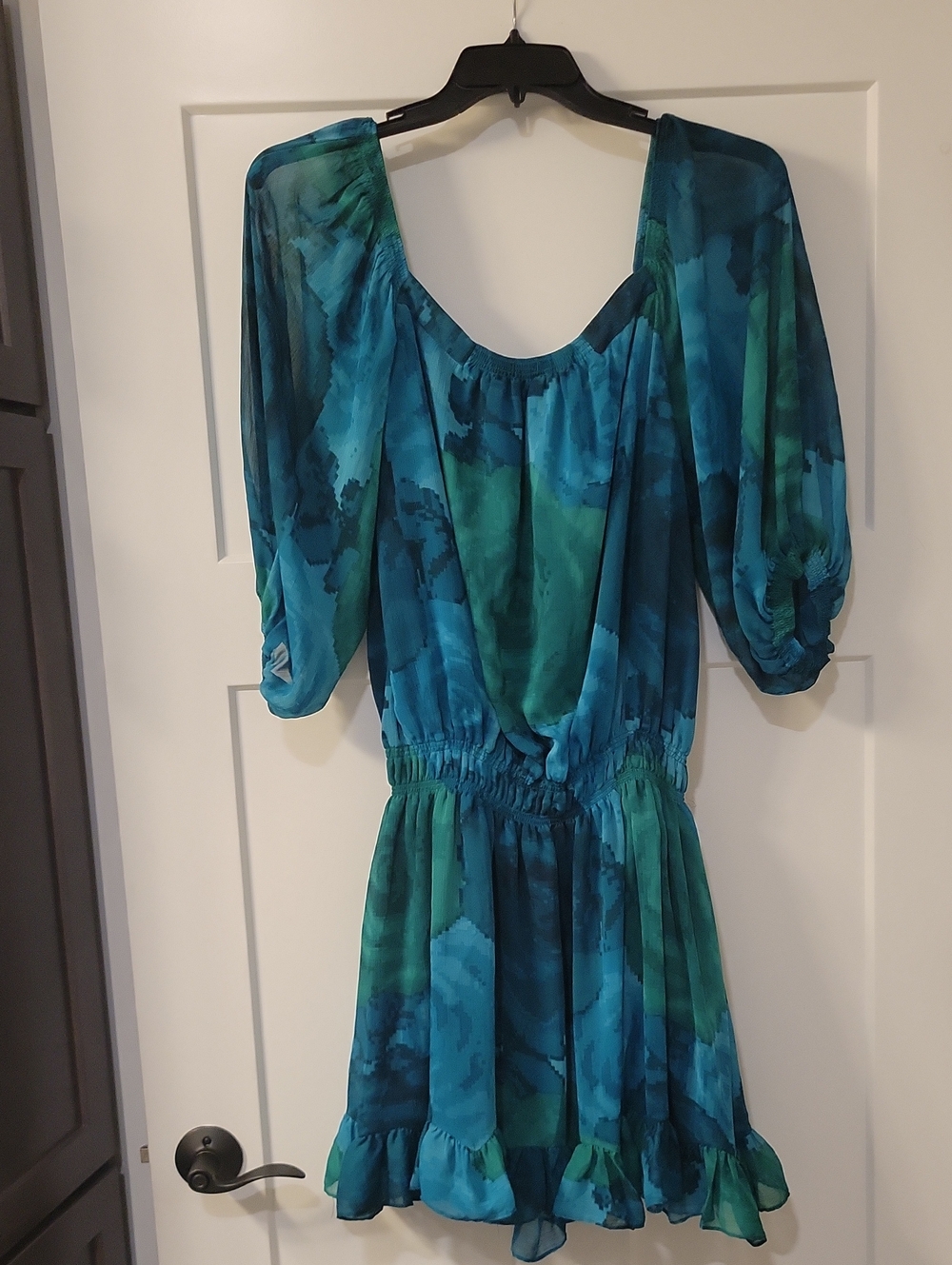 Express Blue-Green Watercolor Off-Shoulder Mini Dress